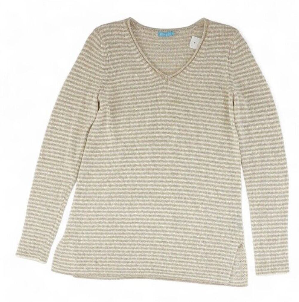J. Mclaughlin Womens Long Sleeve Sweater Beige Striped Cotton Polyester Blend XS